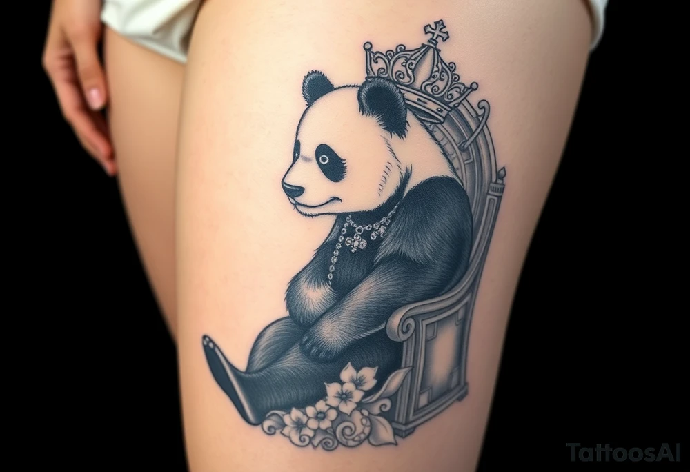 powerful superior panda with a crown, sexy princess on a throne looking down at her worshippers tattoo idea