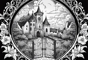 night medieval town garden open gate entrance 
 in circle vignette surrounded by clouds floral tattoo idea