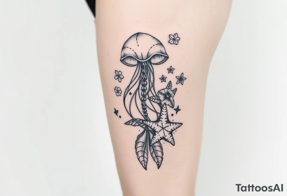 Ocean themed sleeve with jellyfish, mermaid, starfish, sea turtle, shells tattoo idea