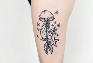 Ocean themed sleeve with jellyfish, mermaid, starfish, sea turtle, shells tattoo idea