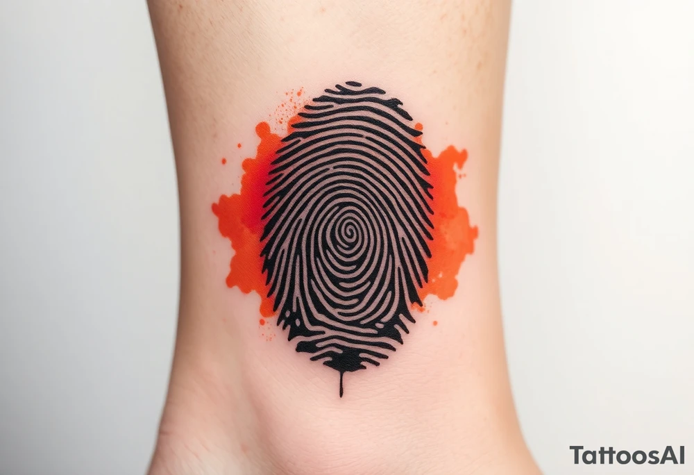 A negative space fingerprint on a watercolor background in warm sunset hues tattoo idea