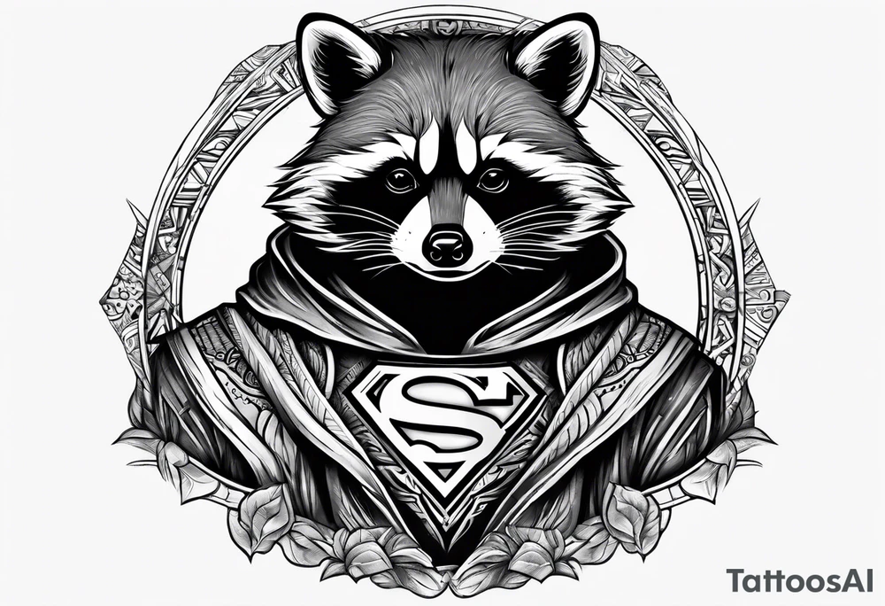 raccoon wearing a Superman hoodie tattoo idea