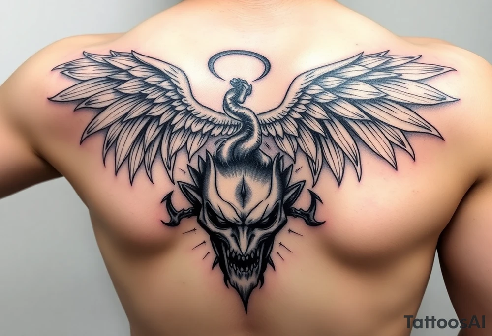 i want to fill my whole forearm so a full half sleeve can you generate archangel micheal stepping on the devils head like defeating him and then can you put  proverbs 21:39 below and put my moms name “Sharnay” with her eyes and fill wtv you want in with the rest just match the theme tattoo idea