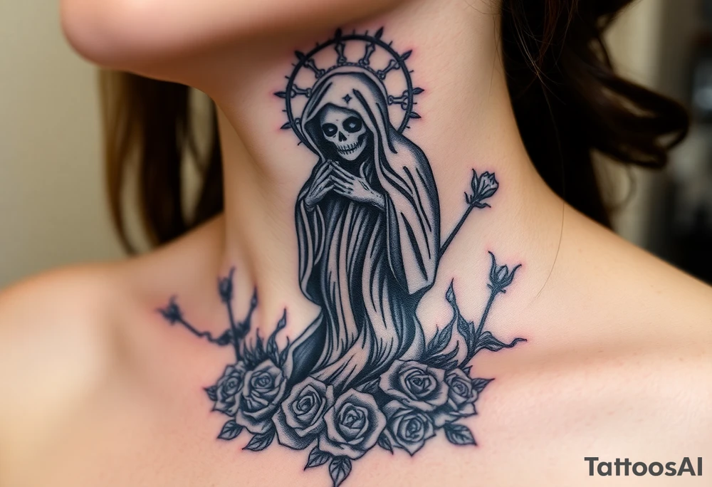 Powerful and evil Santa muerte rising from the flames and ashes of hell, surrounded by unclaimed souls and roses tattoo idea