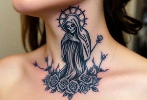 Powerful and evil Santa muerte rising from the flames and ashes of hell, surrounded by unclaimed souls and roses tattoo idea