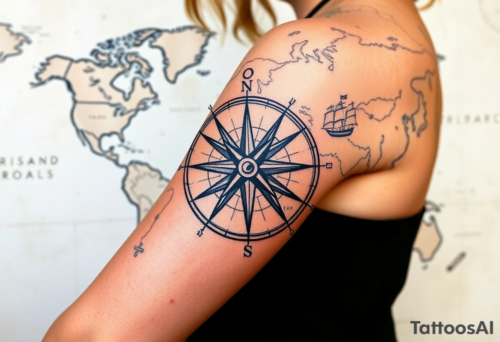 antique compass rose overlaid on weathered world map with sailing ships tattoo idea