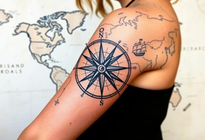 antique compass rose overlaid on weathered world map with sailing ships tattoo idea