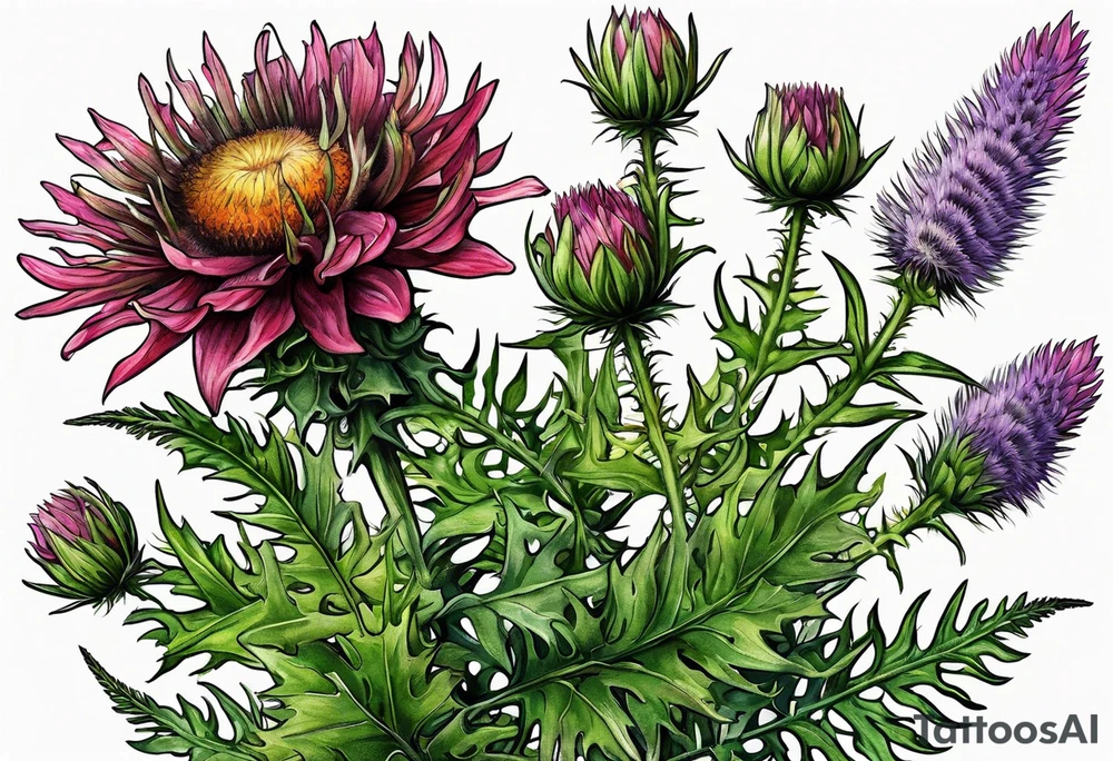 saturated mixed wildflower with ferns and thistles with color tattoo idea