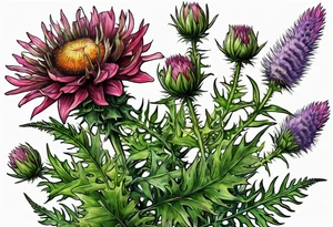 saturated mixed wildflower with ferns and thistles with color tattoo idea