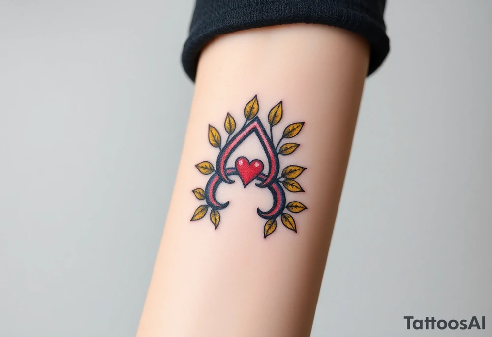 A infinity symbol adorned with golden leaves and a tiny red heart tattoo idea