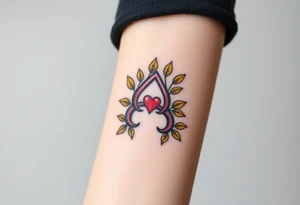 A infinity symbol adorned with golden leaves and a tiny red heart tattoo idea