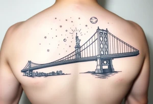 Create a tattoo of the brooklyn bridge 
Have a galaxy in the sky with planets and stars add color 
Add the Statue of Liberty in the water tattoo idea
