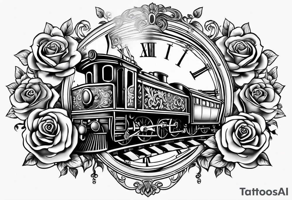 Pocket watch with train and roses tattoo idea