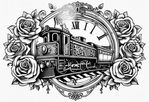 Pocket watch with train and roses tattoo idea