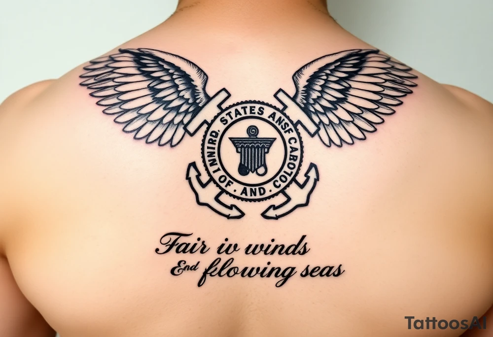Fair winds and following seas (scripture) below United States coast guard emblem being carried by angel wings ocean boat anchor tattoo idea