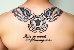 Fair winds and following seas (scripture) below United States coast guard emblem being carried by angel wings ocean boat anchor tattoo idea