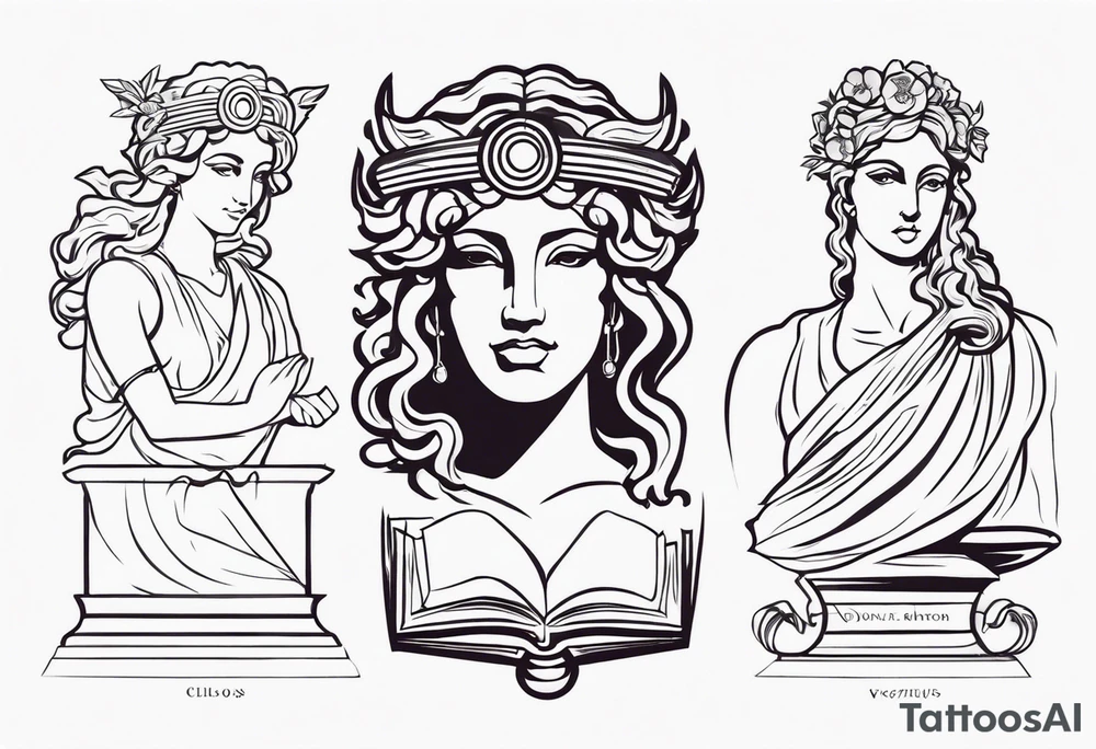 The greek gods Clio with her book and and Dionysos with his attributes tattoo idea