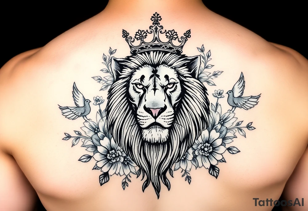 powerful majestic lion with a crown, surrounded by floral ornaments and birds tattoo idea
