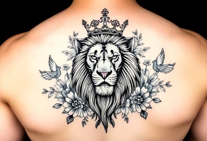 powerful majestic lion with a crown, surrounded by floral ornaments and birds tattoo idea