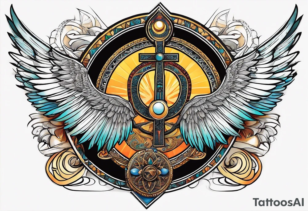Isis (top center): With wings and the sun disc on her head, holding the ankh. tattoo idea