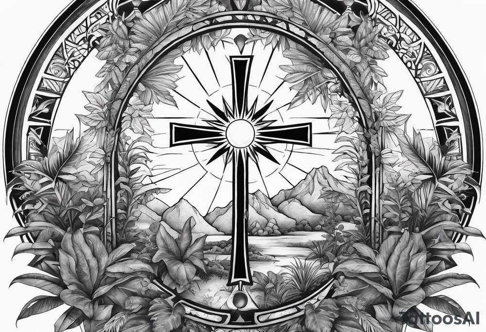 arm sleeve tattoo with the solar cross surrounded by jungle plants tattoo idea