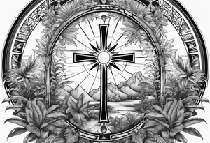 arm sleeve tattoo with the solar cross surrounded by jungle plants tattoo idea