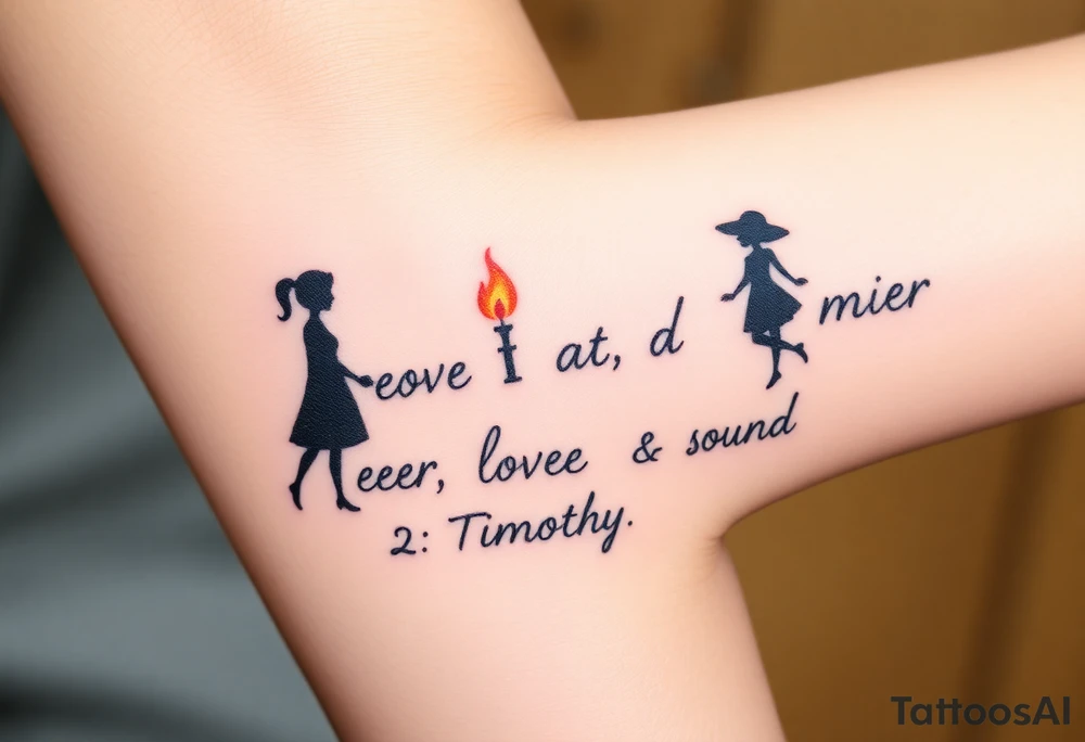 Silhouette of grandmother, mother and daughter passing a flame from oldest to youngest with the flame growing as it goes. Make the flame in watercolor motif and the silhouettes simple. Incorporate the words power, love and sound mind. Or 2 Timothy: 5-7 tattoo idea