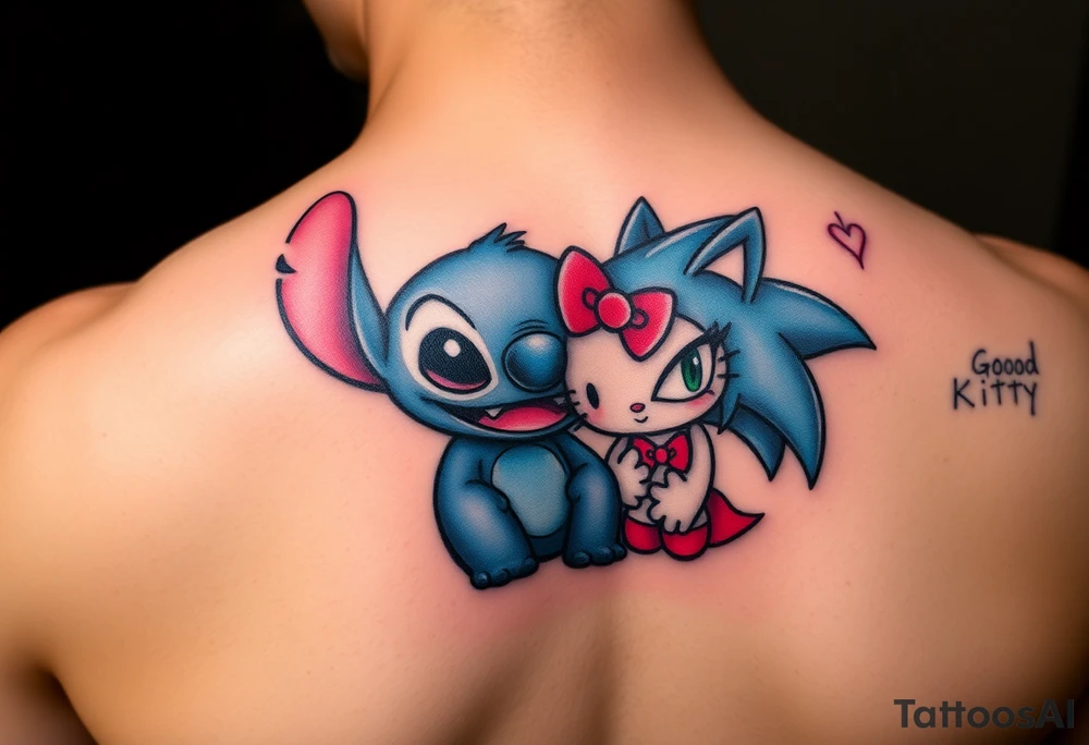 Stitch sonic hello kitty showing that they are good and bad half demons tattoo idea
