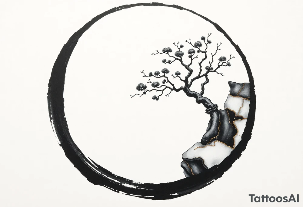 A Japanese‑inspired tattoo of a very thick Zen ensō circle, drawn with a bold, hand‑painted black ink brushstroke. The circle is imperfect and organic, with visible texture and subtle variation in line thickness. About the last quarter of the circle, near the top‑right, transforms into a cracked ceramic segment that has been repaired using kintsugi: visible broken pieces outlined and joined by thin, flowing gold lines. There should be a couple big pieces of ceramic and no small ones. The circle and the ceramic part should have the same thickness. The gold seams follow the natural fractures of the ceramic section, creating several branching cracks rather than a single line, clearly distinguishing this repaired portion from the rest of the smooth ink circle. The transition from ink to ceramic should feel natural, as if the painted circle solidifies into a fragile object that has been lovingly mended. The ceramic shall seamlessly flow into a rock from which a tree of life sprouts. Design it as a black and gray tattoo with a subtle metallic gold effect on the kintsugi seams, suitable for a medium‑sized placement on the back of the bicep. tattoo idea