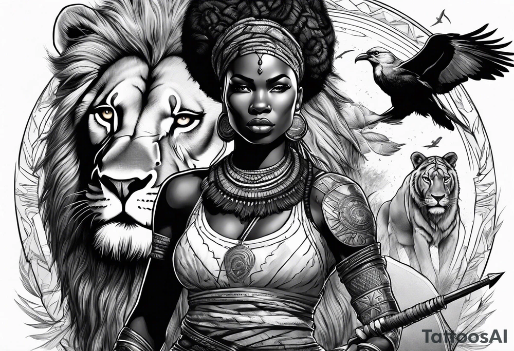 African woman warrior holding a spear with a mean look on her face with birds in the background and lion tattoo idea