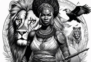 African woman warrior holding a spear with a mean look on her face with birds in the background and lion tattoo idea