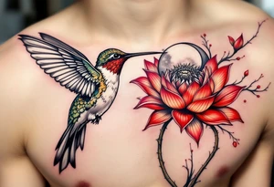 A hummingbird drinking from a lotus flower with one wing made of light (sun disc) and the other made of shadow (crescent moon) (red and black only) tattoo idea