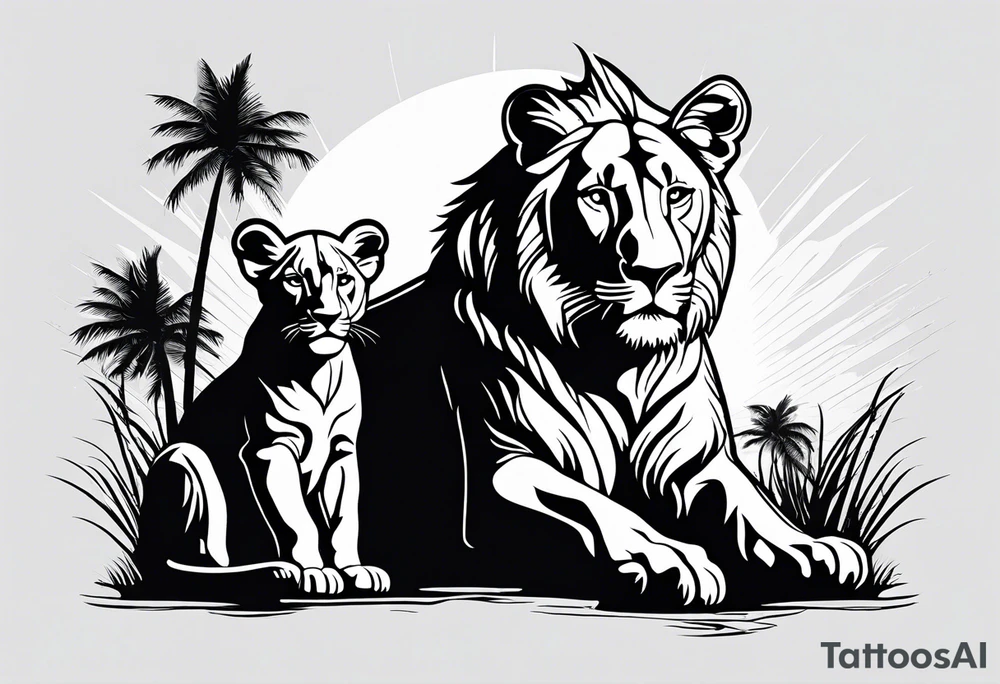 lioness and cub sun palm tree tattoo idea