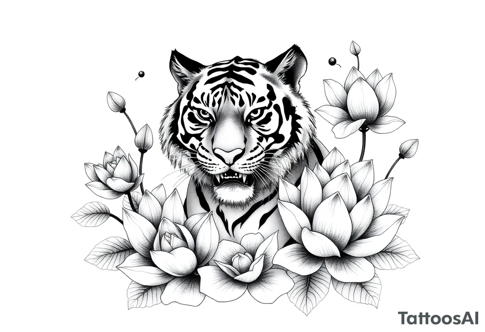fierce tiger emerging through blooming lotus flowers in mist tattoo idea