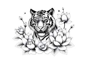 fierce tiger emerging through blooming lotus flowers in mist tattoo idea
