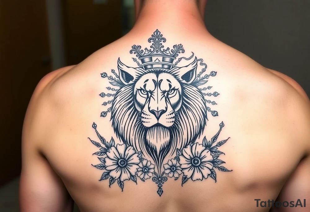 powerful majestic lion with a crown, surrounded by floral ornaments and birds tattoo idea