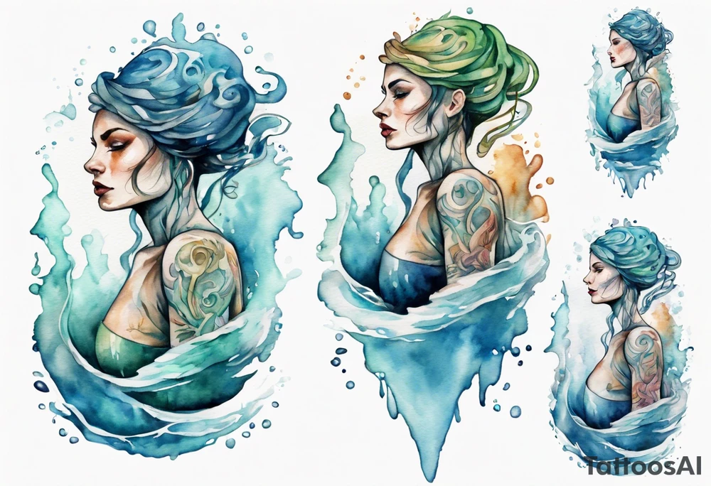 a water woman made out of water, standing on the shore tattoo idea