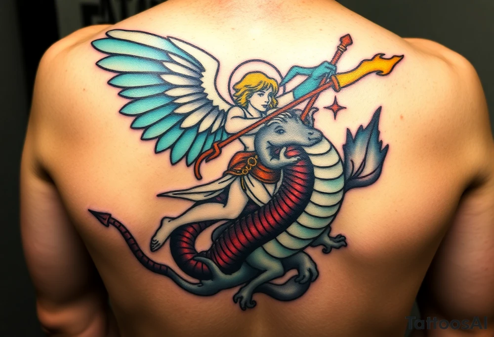 Please create a stained glass style tattoo design featuring an angel battling a sea serpent. The angel should have a dynamic pose, wielding a weapon, and the sea serpent should be large, menacing, and breathing fire. The design should incorporate traditional stained glass elements like bold lines, vibrant colors, and intricate patterns, capturing both the intensity of the battle and the beauty of the medium. tattoo idea