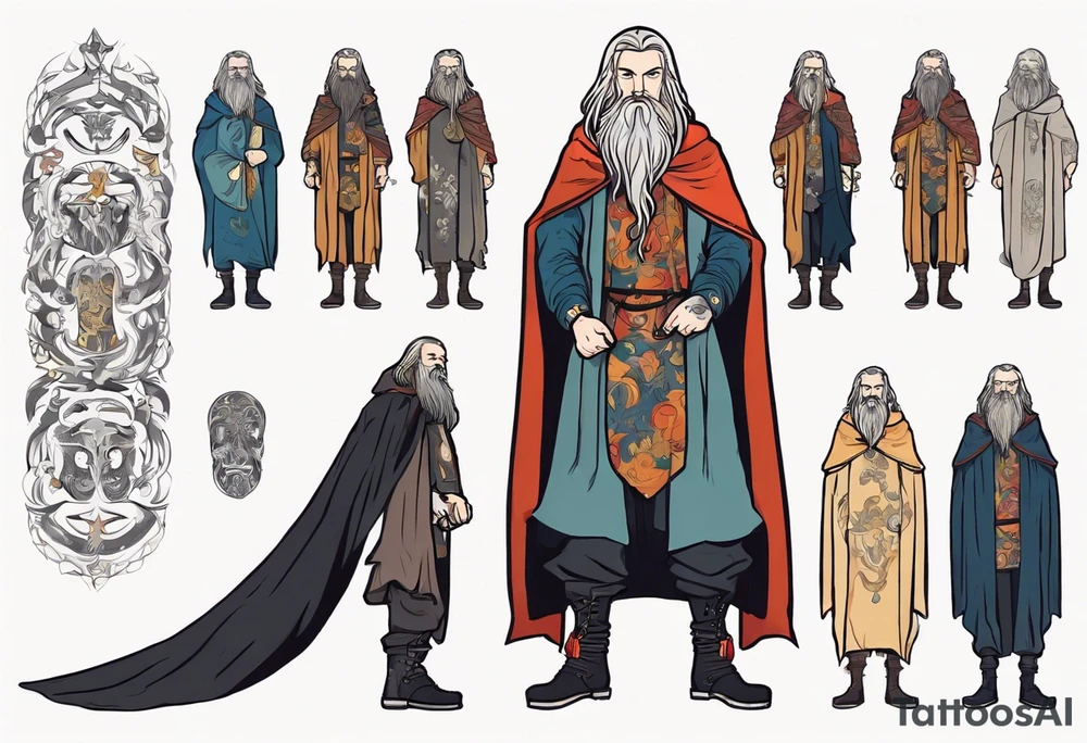 A tall, beautiful Swedish man with long multi-color hair and beard. Wearing a medieval cloak and boots. tattoo idea