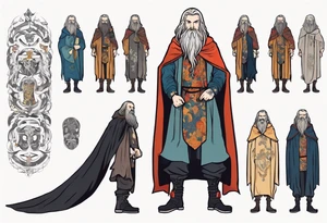 A tall, beautiful Swedish man with long multi-color hair and beard. Wearing a medieval cloak and boots. tattoo idea