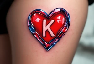 A realistic glass heart with the letter "K" frozen inside, representing love that is pure and preserved forever. tattoo idea