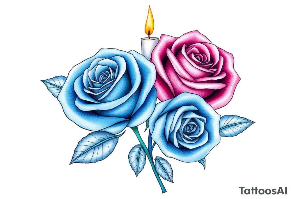 Passed love one, two roses, two candles, blue, hearts tattoo idea
