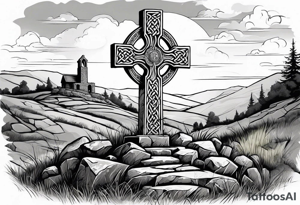 A stone Celtic cross standing solemnly atop a hill. A ruined stone wall lies crumbling near the cross tattoo idea