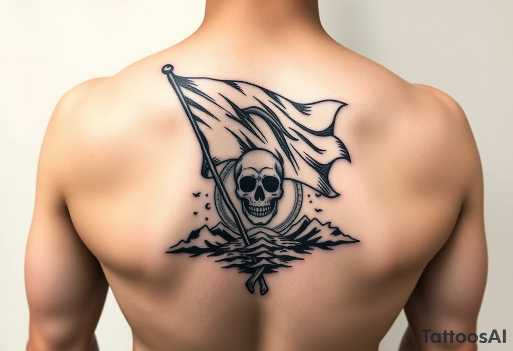 Full sleeve with pirate flag, sun rise, tattoo idea