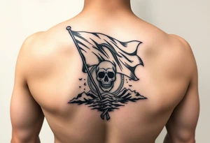 Full sleeve with pirate flag, sun rise, tattoo idea