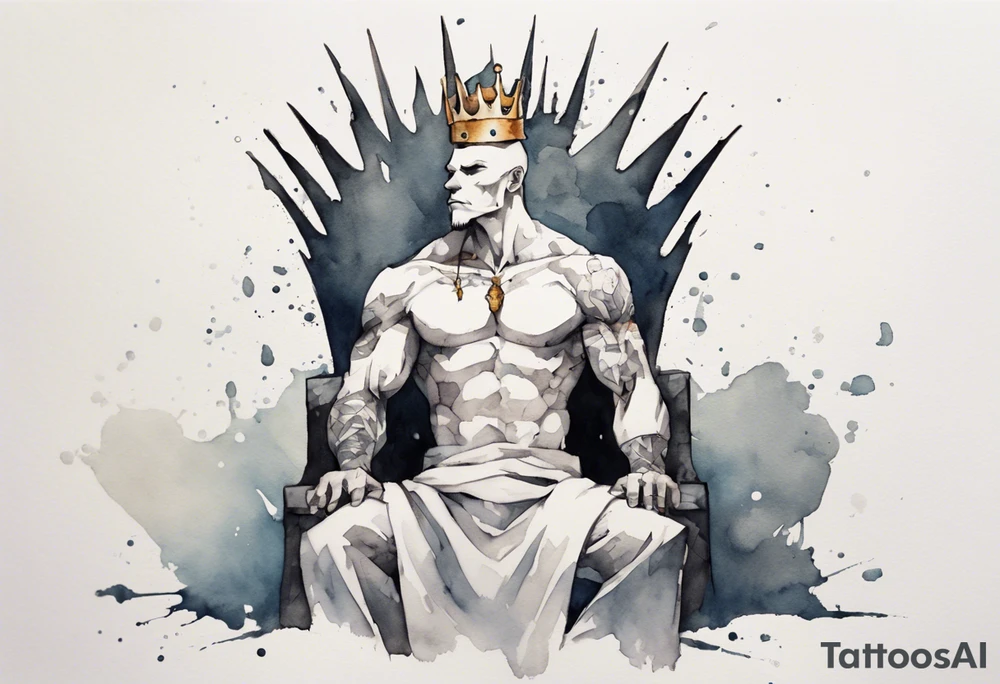 a white roc wearing a minimalist iron crown, standing on a stone throne tattoo idea