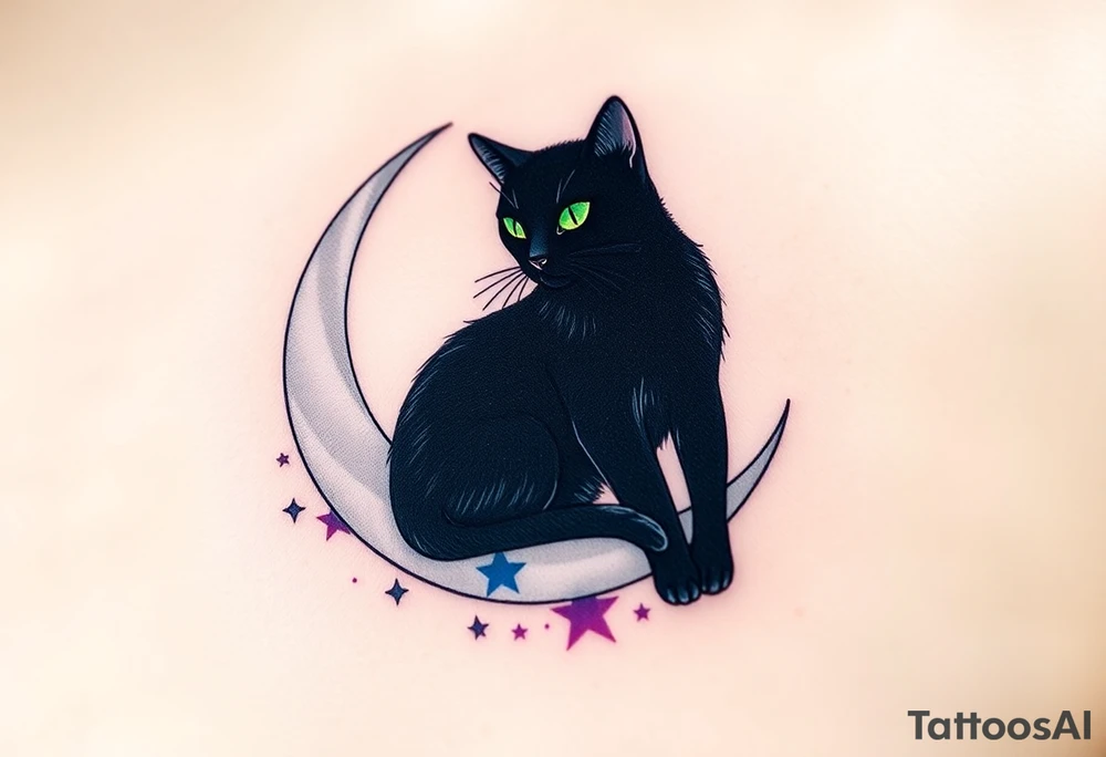 A sleek black cat sitting gracefully on a crescent moon, surrounded by a field of small, glowing stars. The cat's eyes are a bright emerald green, creating a striking contrast against its dark fur. The moon is a soft silver with a subtle gradient, transitioning from pale gray at the top to white at the bottom. Around the stars, there are gentle watercolor splashes in shades of midnight blue and deep purple, giving the design a dreamy, cosmic feel. The tattoo would have a mystical, enchanting vibe, symbolizing independence, intuition, and mystery. tattoo idea