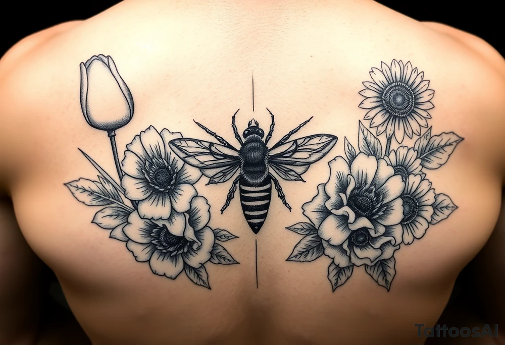 Create a design full sleeve arm tattoo with Tulip 
Sunflower 
Roses 
Bee 
Water 
Fire 
Earth 
Wind 
Phoenix 
Evil eye 
888 tattoo idea