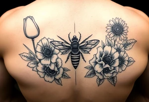Create a design full sleeve arm tattoo with Tulip 
Sunflower 
Roses 
Bee 
Water 
Fire 
Earth 
Wind 
Phoenix 
Evil eye 
888 tattoo idea