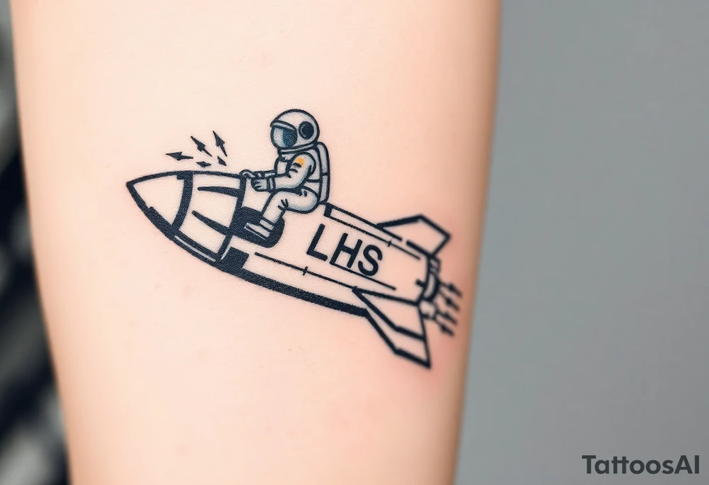 Busted Rocket ship with sparks coming out the back  with astronaut riding it. It has LHS written on it tattoo idea